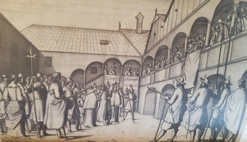 Zrinskog i Frankopana dovode na stratište, bakrorez, Cornelis Mayssens, izvor Kazneni postupak protiv Petra Zrinskog i Frana Krste Frankopana - Dokumenti, Šk. Knjiga