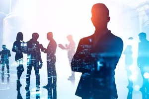 Silhouette of confident businessman standing with crossed arms in abstract city with double exposure of his blurry business team. Concept of leadership. Toned imagekako smisliti dobro ime za biznis, poslovanje, biznismen, poslovnjak, poslovnjaci, sastanak, poslovni ljudi, lider