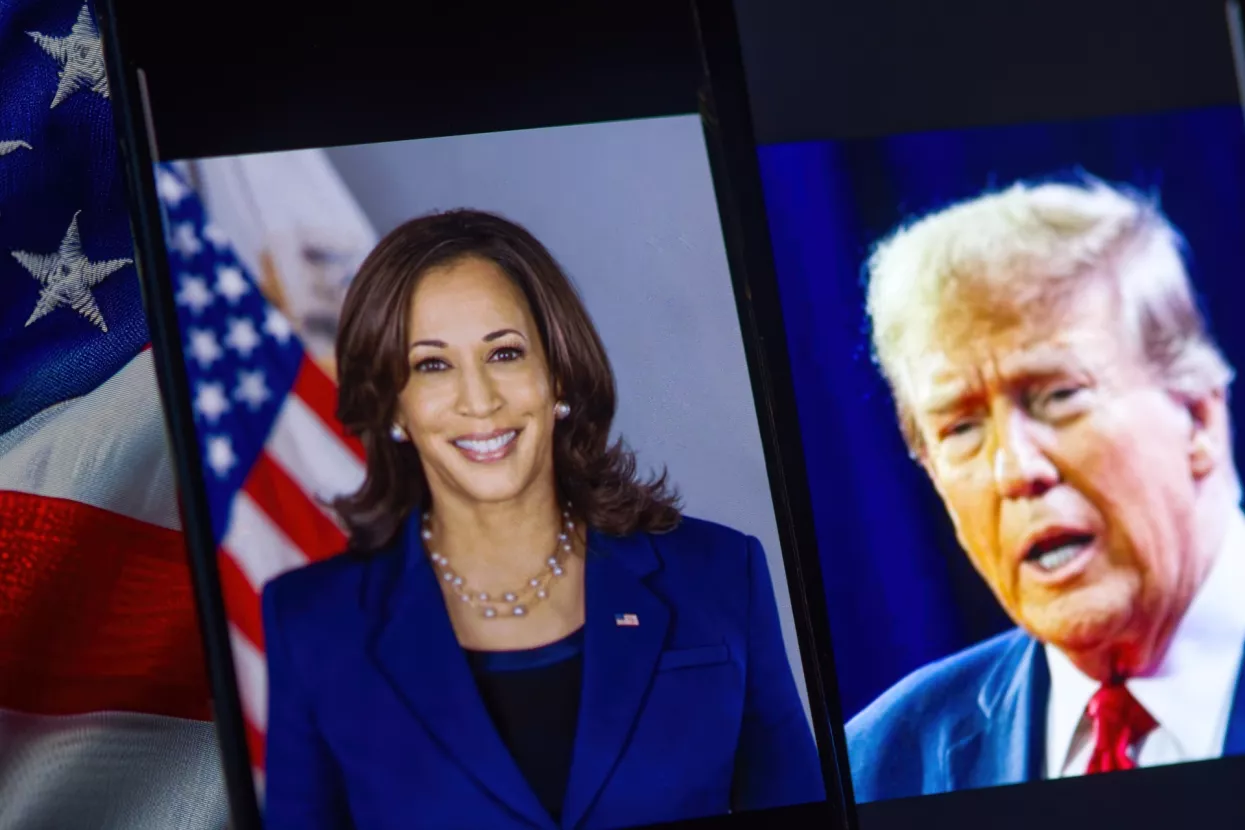 Vice President of the United States Kamala Harris is sharp in the foreground, while republican candidate Donald Trump is blurred in the background, USA, Washington, July 21, 2024