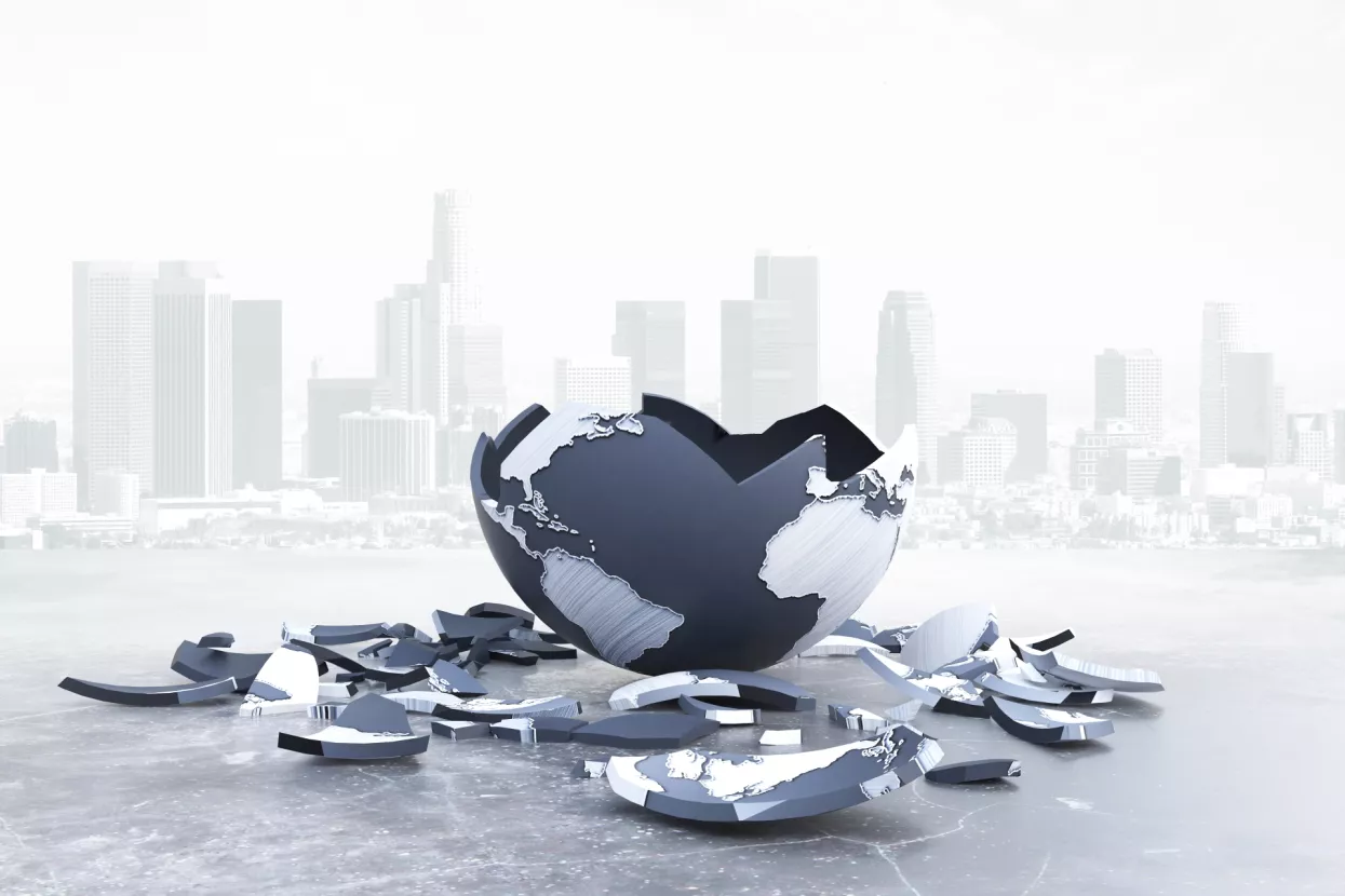 Slomljen, globus, svijet, zemlja, puknuto, krhotine, pad carstva