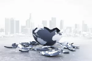 Slomljen, globus, svijet, zemlja, puknuto, krhotine, pad carstva