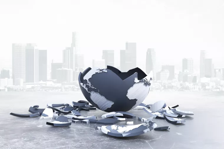 Slomljen, globus, svijet, zemlja, puknuto, krhotine, pad carstva