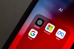 Vancouver, CANADA - Feb 27 2023 ChatGPT, an AI chatbot developed by OpenAI, with Microsoft, Meta Platforms and Google icons seen in an iPhone. Generative AI technology and Big Tech conceptual imageumjetna inteligencija