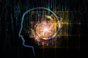 Artistic background made of outlines of human head, technological and fractal elements for use with projects on artificial intelligence, computer science and future technologies