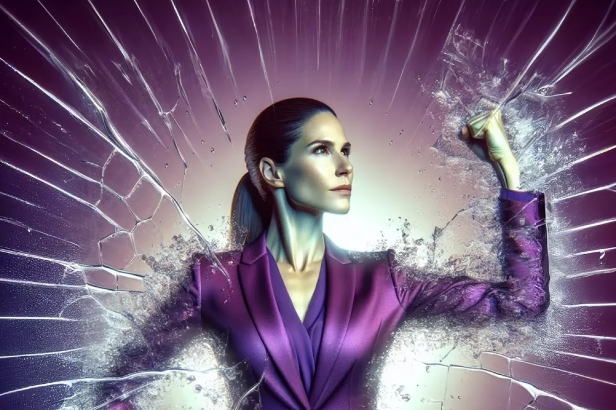 realistic woman, 4k, powerful strong sucessful business white woman in purple suit, breaking glass ceiling, superpowers, modern design, vibrant background with waterproof effect, soft lighting, high detail, showcasing features