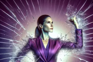 realistic woman, 4k, powerful strong sucessful business white woman in purple suit, breaking glass ceiling, superpowers, modern design, vibrant background with waterproof effect, soft lighting, high detail, showcasing features