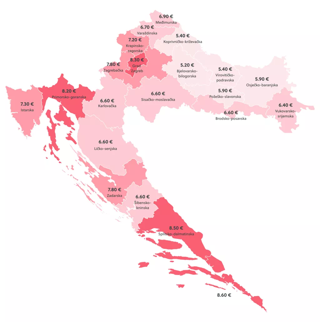 Prosječna cijena čuvanja djece po satu, po županijama