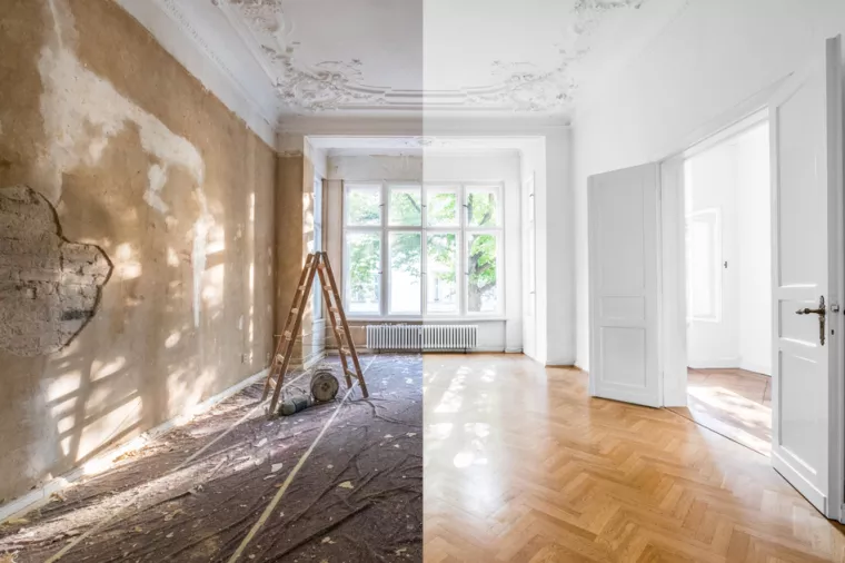 renovation concept - apartment before and after restoration or refurbishment - renovacija, restauracija, uređenje prostora, uređenje interijera
