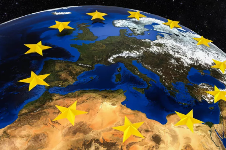 3D render of a image representing Europe viewed from space with european union stars and satelite/European Union and Europe viewed from space, Europa, Europska unija, sateliti, proizvođači satelita