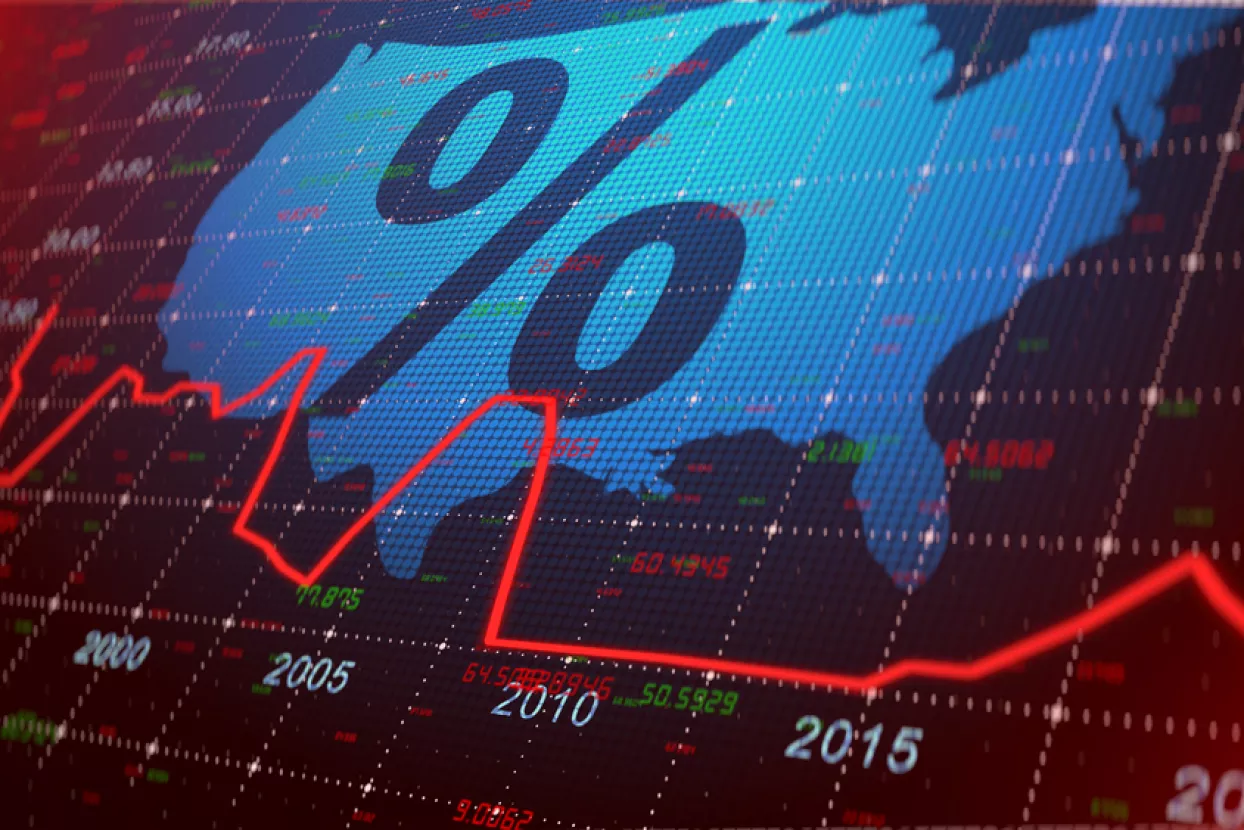 United States Interest rates effect on stock market and global economic inflation and deflation economic indicators - Illustration RenderingSAD, USA, inflacija, rast, pad, gospodarstvo, dolar
