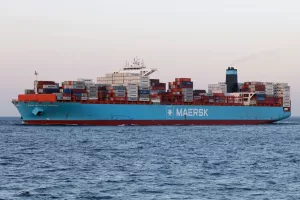 The container ship San Nicolas Maersk passes Cuxhaven on May 17, 2024 on its way to the North Sea.