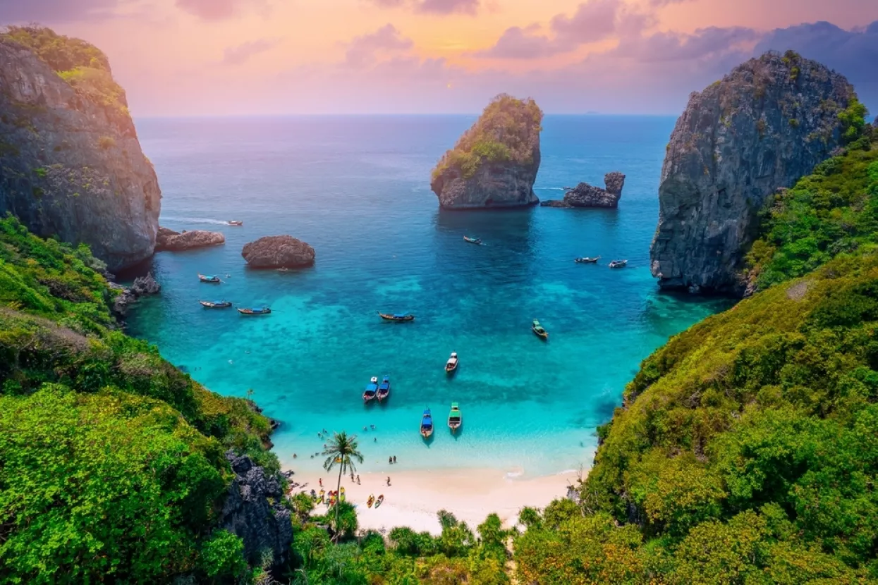 Aerial drone Landscape Turquoise lagoon Nui beach koh Phi Phi Don island, Krabi, Thailand.
