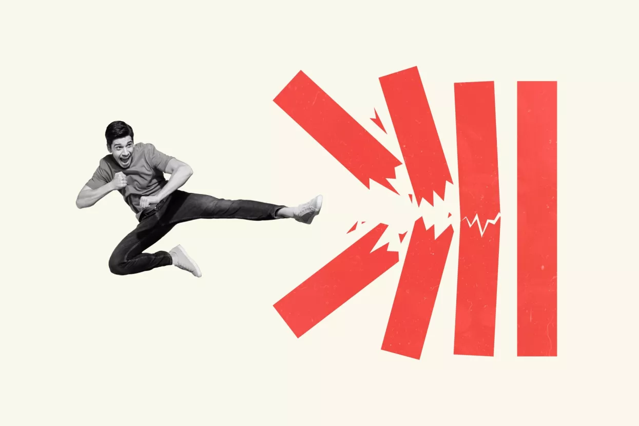 Creative composition of guy kick leg bricks destroy barriers achieving career goals isolated on pastel color background