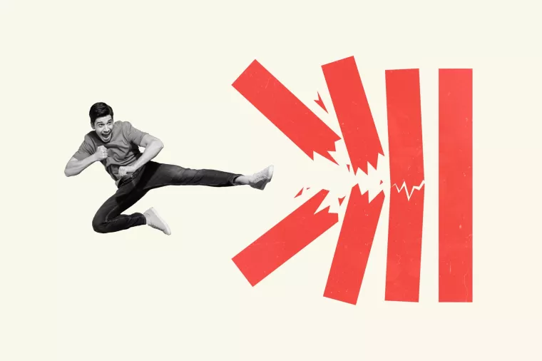 Creative composition of guy kick leg bricks destroy barriers achieving career goals isolated on pastel color background