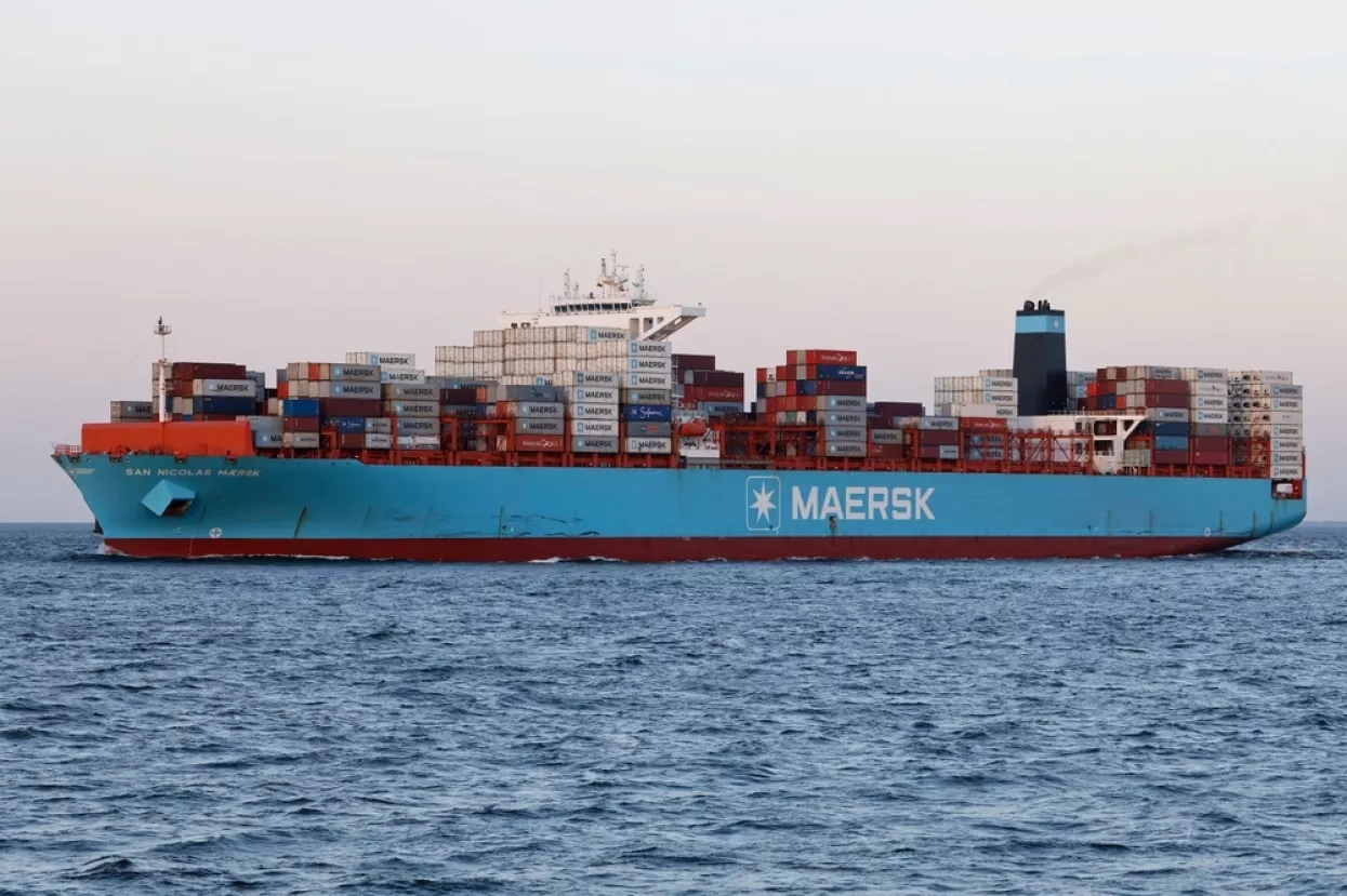 The container ship San Nicolas Maersk passes Cuxhaven on May 17, 2024 on its way to the North Sea.