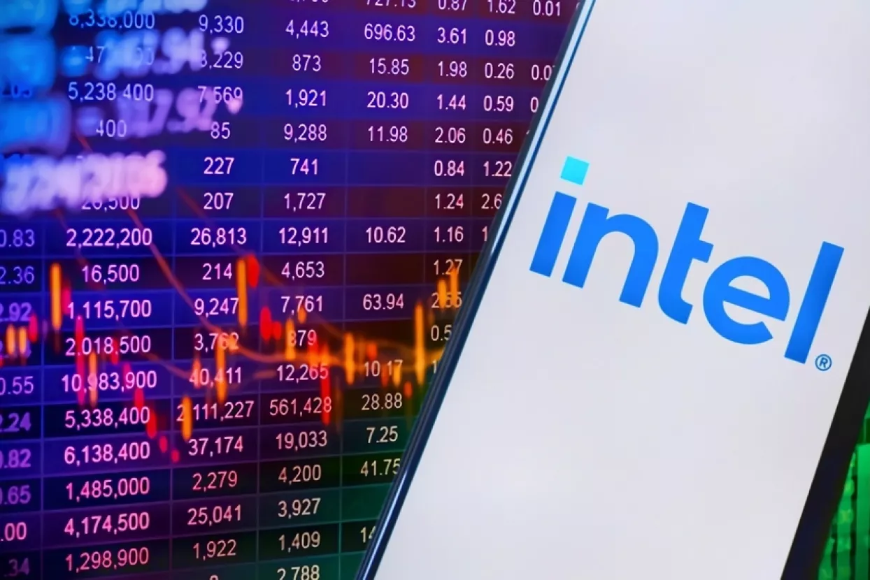 Jakarta August 04,2024 Intel Corporation logo with stock market chart. Intel an American multinational corporation and technology company.It is the world's largest semiconductor chip manufacturer