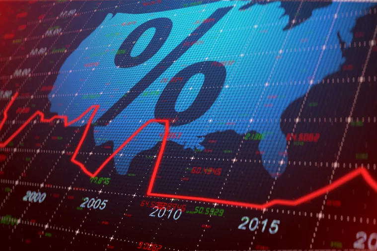 United States Interest rates effect on stock market and global economic inflation and deflation economic indicators - Illustration RenderingSAD, USA, inflacija, rast, pad, gospodarstvo, dolar