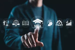 ekonomski fakultet u rijeci MBA Program Concept. Master of Business Administration. Businessman pointing MBA text and graduation cap icon, educational and professional development symbols representing business learning.