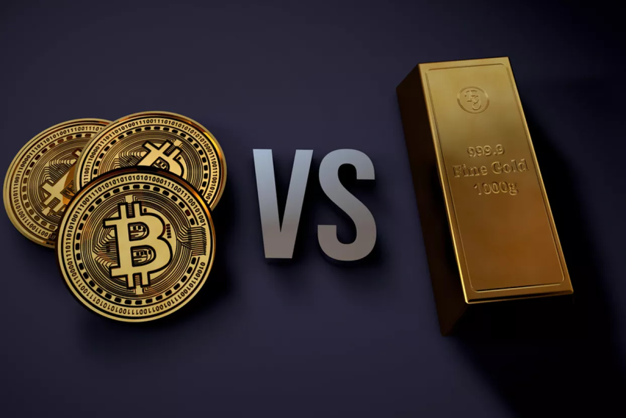 Bitcoin vs gold - Realistic 3d render illustration comparing bitcoins and gold bar on dark backgroundbitcoin vs zlato, zlatna poluga, kriptovalute, kriptovaluta