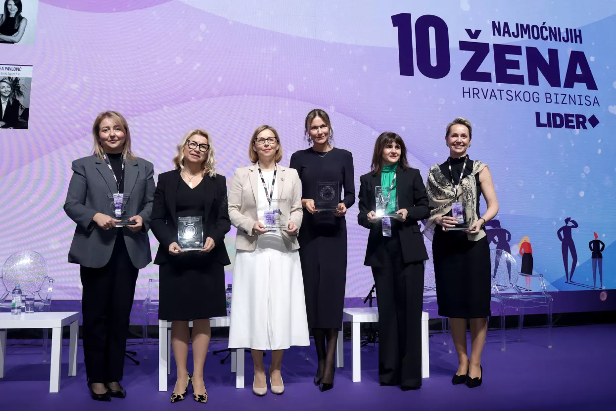 Žene u biznisu 2025. Dodjela priznanja: Andrea Pavlović, Nataša Rapaić, Zsuzsana Ortutay, Lada Fiorio Tedeschi, Nikolina Dizdar Čehulić i Aleksandra Rašić