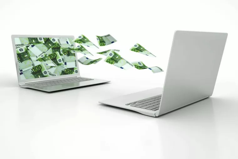 two 3D laptops transferring Europe money banknotes