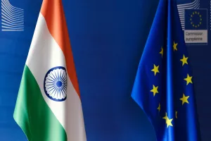 EU and India flags EU headquarters in Brussels, Belgium on May 16, 2023.
