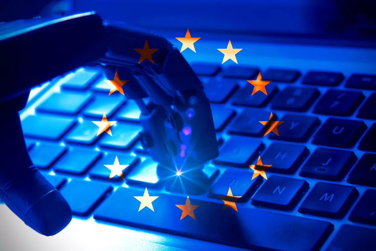 Europe flag Machine learning design. Smart network digital technology. AI.