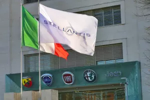 Stellantis corporation flag at italian headquarters after merging between Groupe PSA and FCA automotive Turin Italy January 25 2021