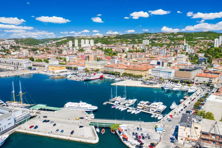 Croatia, city of Rijeka, aerial panoramic view of marina and harbor from drone