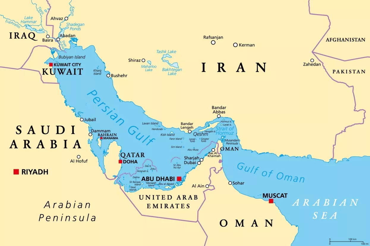 Persian Gulf region, political map. Also Arabian Gulf, a mediterranean Sea in West Asia, located between Iran and Arabian Peninsula, connected to the Gulf of Oman in the east by the Strait of Hormuz.Hormu&scaron;ki prolaz, Perzijski zaljev, Arapski poluotok, karta