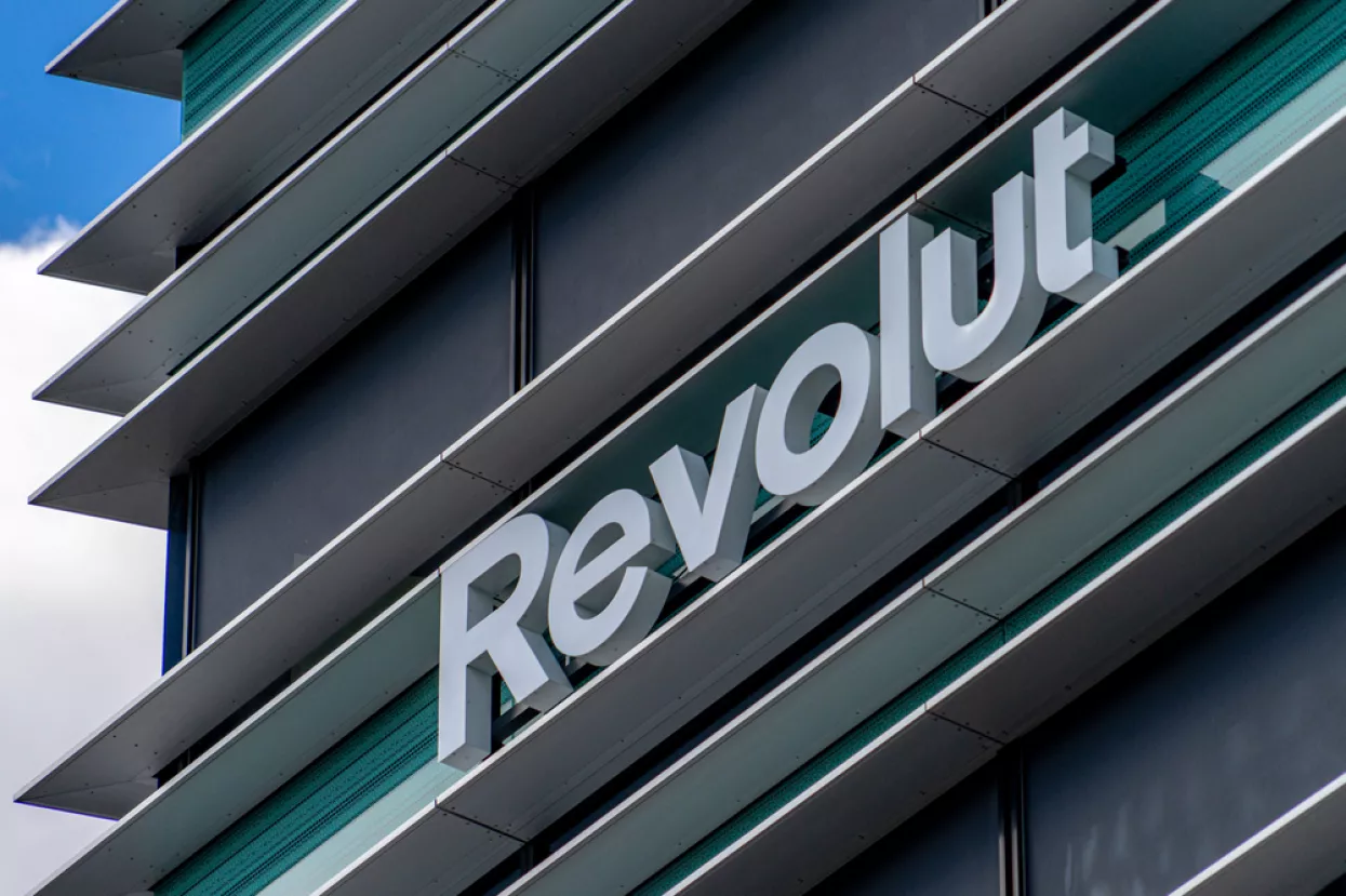 Revolut logo signboard on modern office building in Vilnius, Lithuania on May 30, 2021