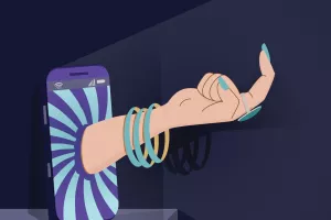 Finger calling from cell phone hypnotic tunnel screen