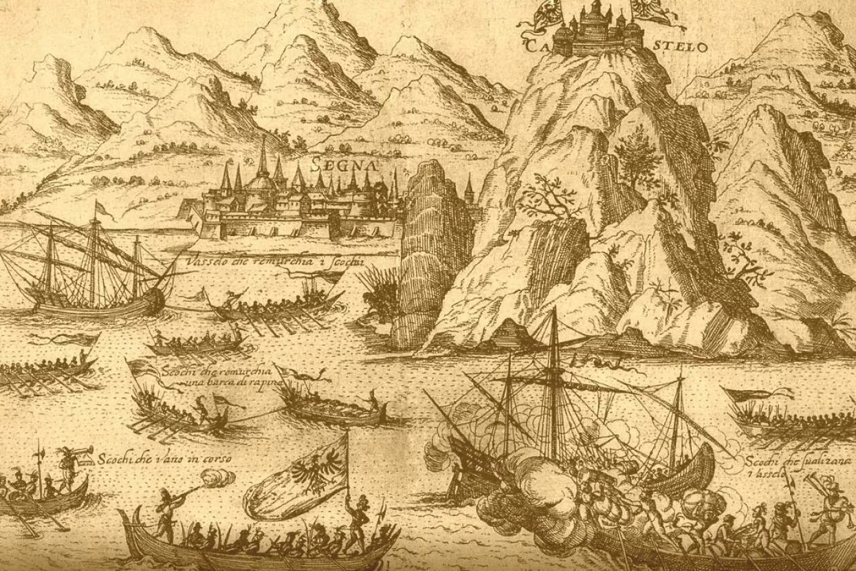  Pomorski okr&scaron;aj uskoka i Mlečana ispred Senja; bakrorez G. Kellera iz 1617.