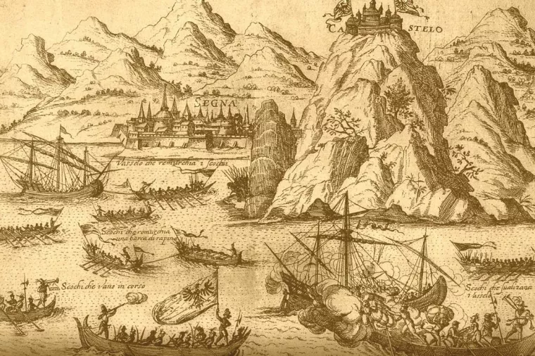  Pomorski okr&scaron;aj uskoka i Mlečana ispred Senja; bakrorez G. Kellera iz 1617.